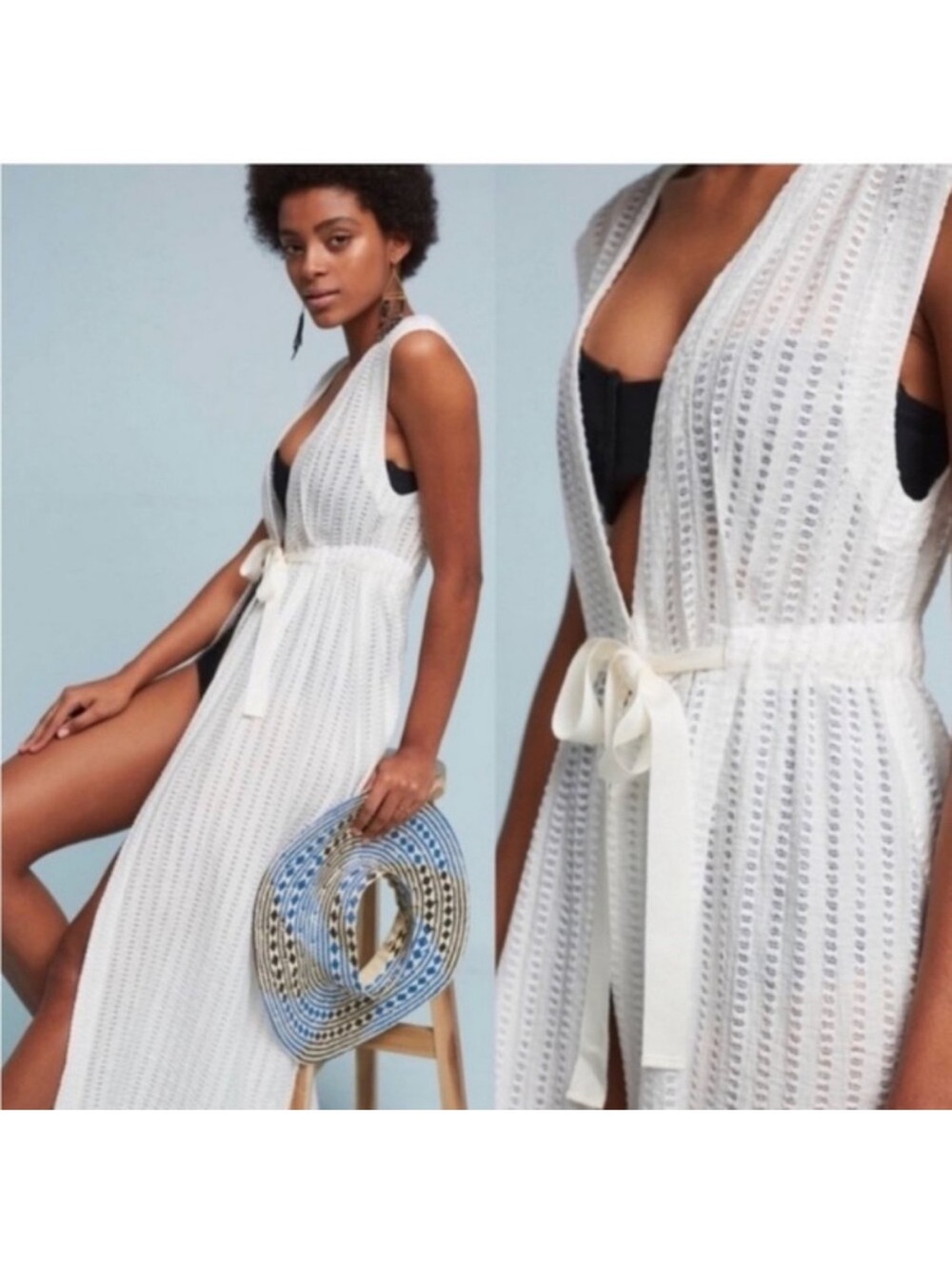 NWT| Anthropologie Lilka Women’s White Crochet Swim Cover-Up Vest with Tie Waist